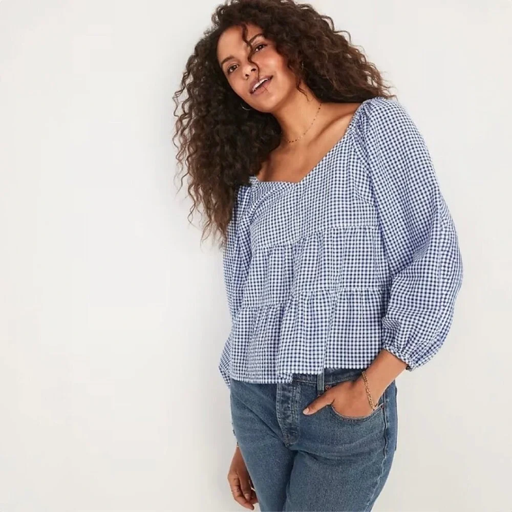Old Navy M Tiered Blue Gingham Seersucker Long‎ Sleeve Top Puff Sleeve Wide Neck
